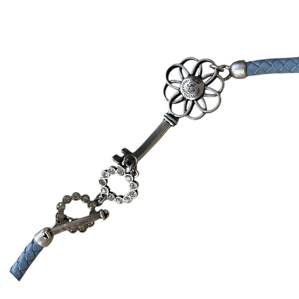 Women's Blue Faux Leather Choker Necklace with Key and Flower Charms - Picture 2 of 5